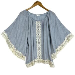 Soiéblu Blouse Womens Medium Blue Boho Crochet Trim Kimono Sleeve Tunic Top